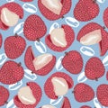 Vector seamless pattern ripe juicy lychee fruits. Exotic fruit, Chinese plum.